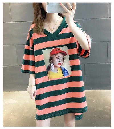 Spot Trudnička odjeća T-shirt Ljeto kratkih rukava srednje dužine prugasta V-izrez labave velike veličine Majice za trudnice Žene