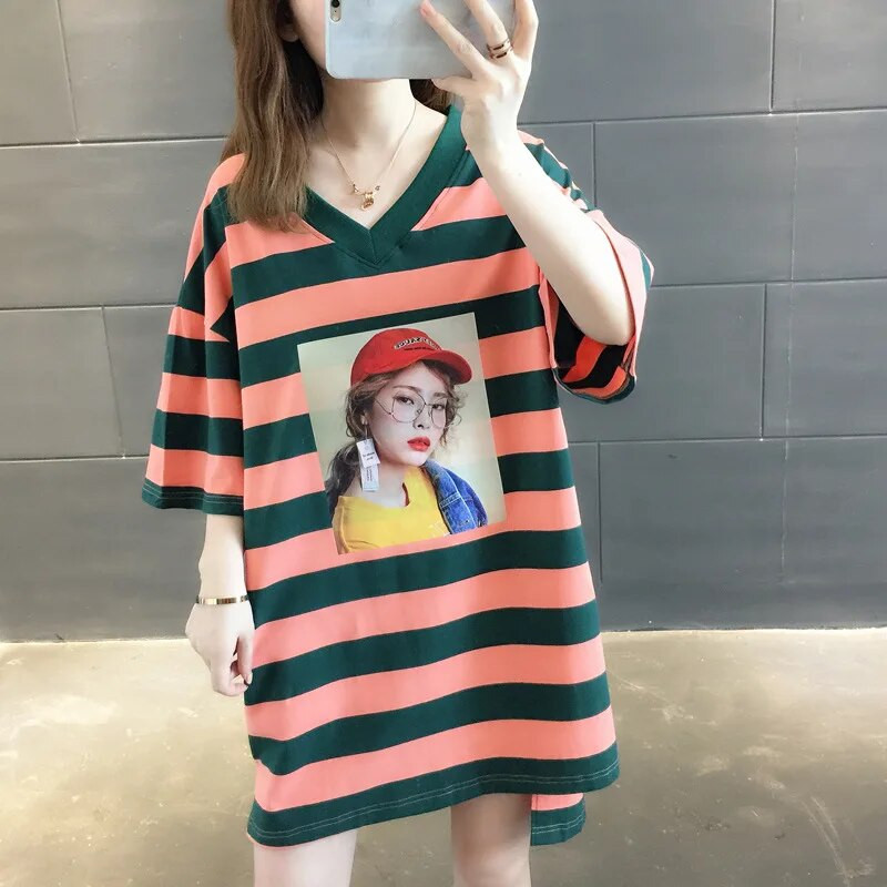 Spot Trudnička odjeća T-shirt Ljeto kratkih rukava srednje dužine prugasta V-izrez labave velike veličine Majice za trudnice Žene