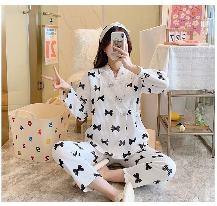 Madingi juodi striukės marginti striukės maitinančioms striukėms + ilgos kelnės Motinystės rūbų komplektas žieminis storas šiltas nėštumo medvilnės pižamos kostiumas