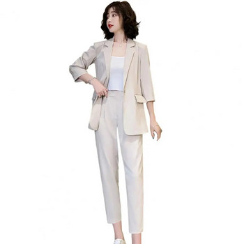 1 комплект дамски блейзър панталон с 3/4 ръкави Едноцветен дамски горен панталон 2 части Комплект блейзър офис костюм
