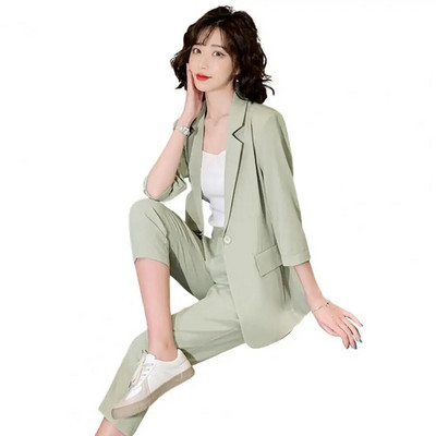 1 set ženskih blejzer hlača, jednobojnih ženskih gornjih hlača s 3/4 rukava, 2-dijelnog blejzera, uredskog odijela