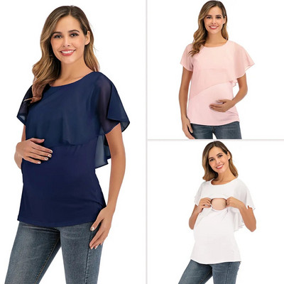 Дамско облекло за бременни Горна тениска за бременни Лятно облекло за кърмене Дрехи за бременни с къс ръкав Шифонена тениска