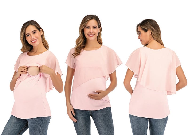 Moteriški rūbai nėščiosioms Marškinėliai nėščiosioms Vasariniai rūbai žindymui Drabužiai trumpomis rankovėmis Nėštumo drabužiai Šifoniniai marškinėliai