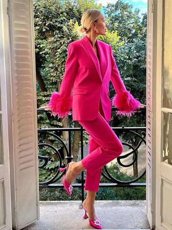 Моден дамски блейзър костюм с ръкави на пера 2023 Пролетна тенденция Шикозни панталони Комплект от 2 части Елегантни офис дамски едноцветни костюми Тоалети 