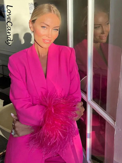 Моден дамски блейзър костюм с ръкави на пера 2023 Пролетна тенденция Шикозни панталони Комплект от 2 части Елегантни офис дамски едноцветни костюми Тоалети 