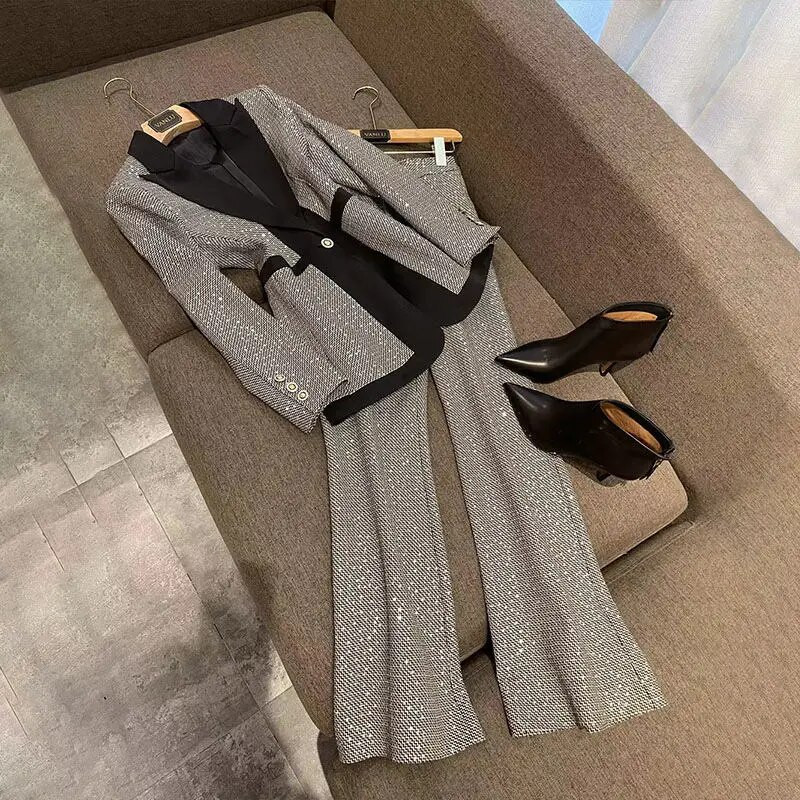 Ženski blejzeri, duge široke hlače, jednodijelni ili dvodijelni set, korejski uredski dama, graciozni, uski šljokice, patchwork odijelo, kaput, kompleti hlača
