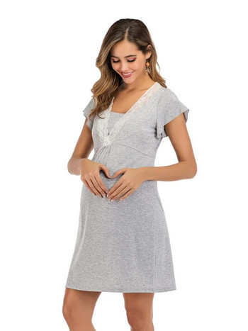 Φόρεμα εγκυμοσύνης για νοσοκομειακό νυχτικό Νυχτικό για έγκυες γυναίκες Νοσηλευτικό Νυχτικό Πυτζάμα Δαντέλα Πυζά Φόρεμα θηλασμού Κοντό μανίκι