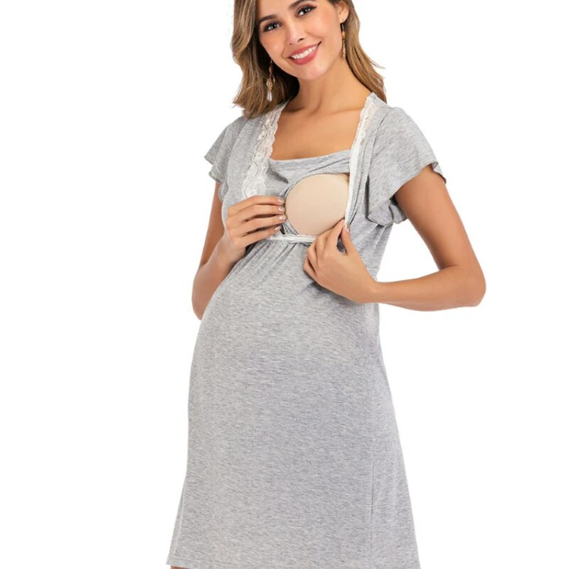 Nėščiųjų suknelė ligoninės naktinukai Nėščioms moterims Maitinančioms Naktiniai Pižamos nėriniuoti miegui rūbai žindymo suknelė trumpomis rankovėmis