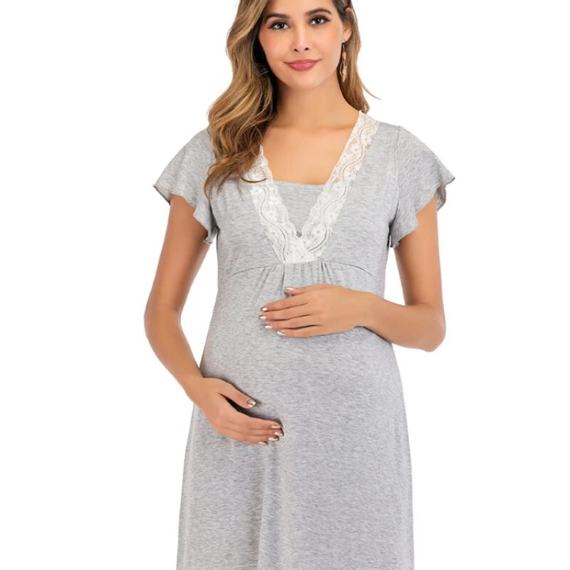 Nėščiųjų suknelė ligoninės naktinukai Nėščioms moterims Maitinančioms Naktiniai Pižamos nėriniuoti miegui rūbai žindymo suknelė trumpomis rankovėmis