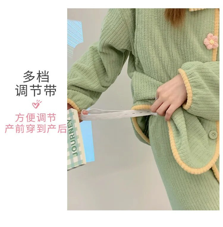 Žieminis storas šiltas koralinis aksominis pižamos komplektas žindymui rūbų rinkinys Sweet Bowknot Bollar maitinimo paltai + kelnės