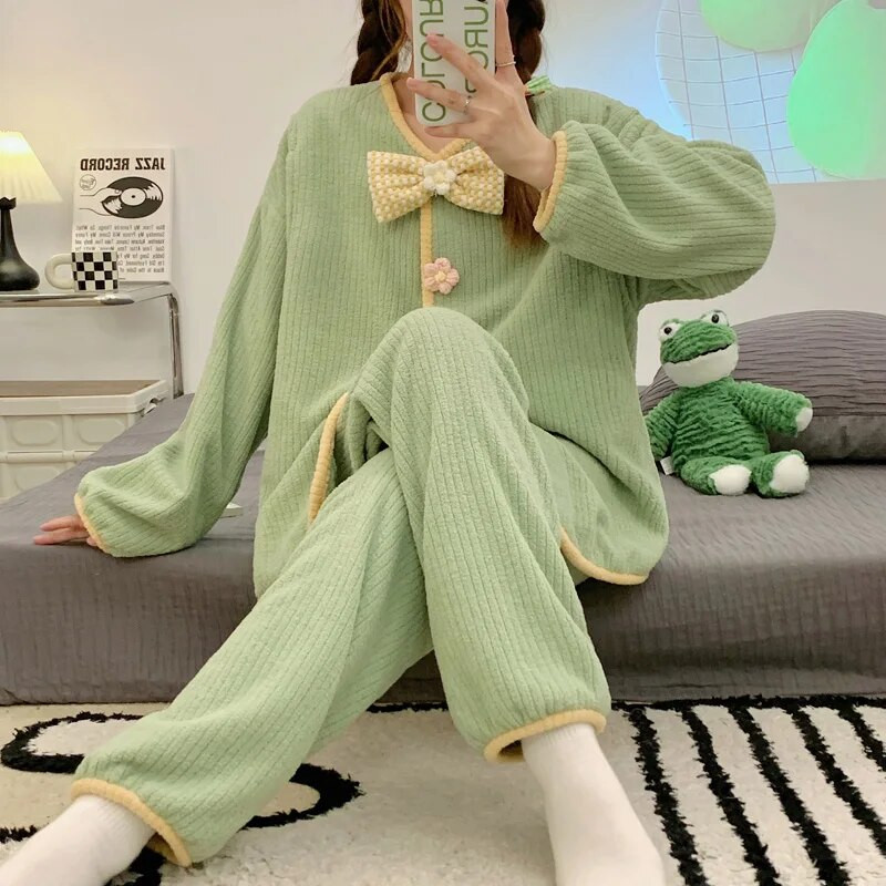 Žieminis storas šiltas koralinis aksominis pižamos komplektas žindymui rūbų rinkinys Sweet Bowknot Bollar maitinimo paltai + kelnės