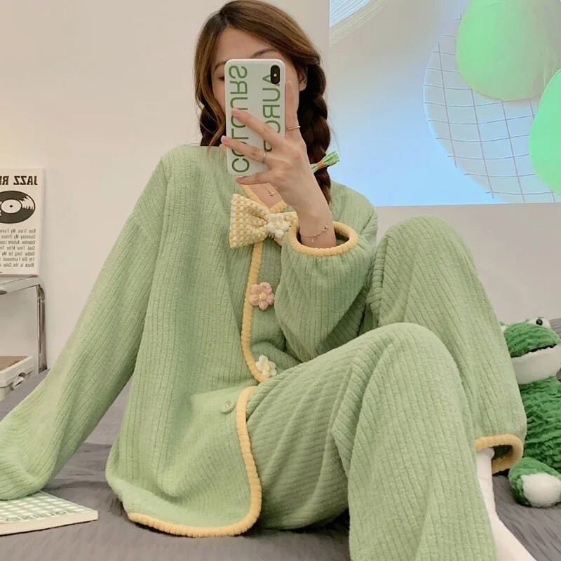 Žieminis storas šiltas koralinis aksominis pižamos komplektas žindymui rūbų rinkinys Sweet Bowknot Bollar maitinimo paltai + kelnės