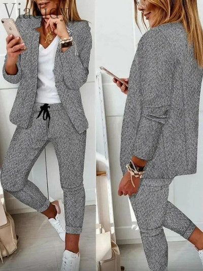 Moteriškos laisvalaikio atviros priekinės ilgos rankovės tvido švarko ir aukšto juosmens kelnės, 2 vnt. rinkinys