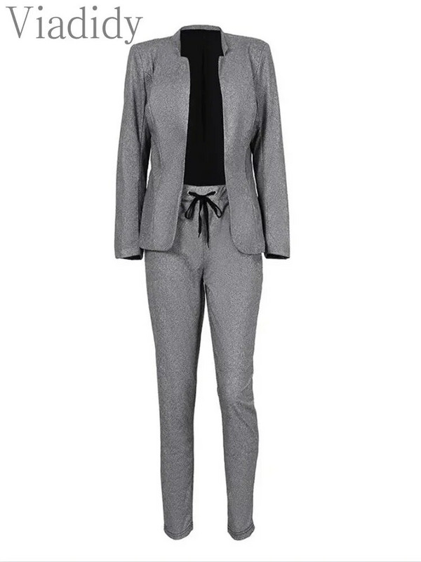 Moteriškos laisvalaikio atviros priekinės ilgos rankovės tvido švarko ir aukšto juosmens kelnės, 2 vnt. rinkinys