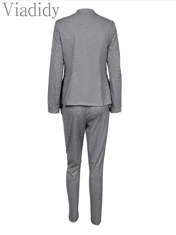 Moteriškos laisvalaikio atviros priekinės ilgos rankovės tvido švarko ir aukšto juosmens kelnės, 2 vnt. rinkinys