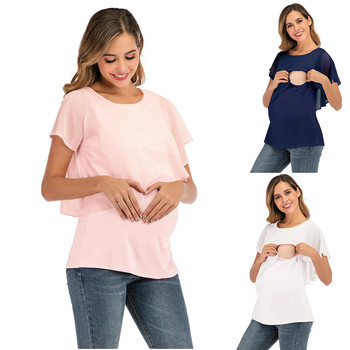 Дамска тениска за бременни с необичаен подгъв, ежедневна тениска с къс ръкав и кръгло деколте Основни дамски ризи за бременни с дълъг ръкав