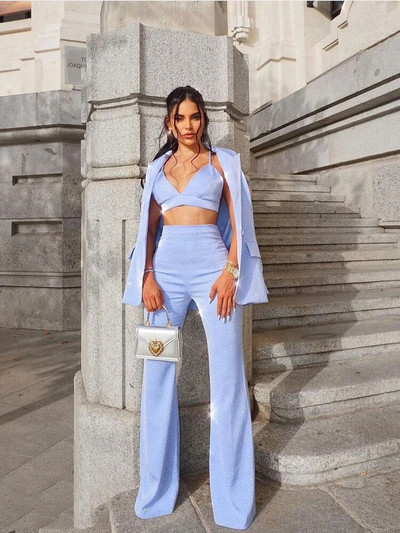 HIGH STREET Star Fashion 2024 dizainerio švarko kostiumo komplektas, moteriškas vieno mygtuko, blizgančio taškelio karoliukais, Camis švarkelio kelnių kostiumas, 3 vnt.