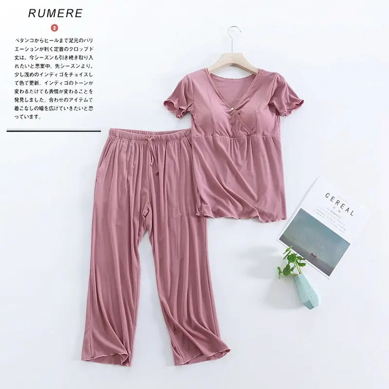 Fdfklak Summer Modal trumpomis rankovėmis žindymo rūbai Naktiniai rūbai nėščiosioms 2 dalių pižama maitinančioms krūtimi maitinančioms motinoms