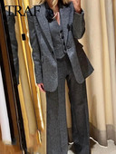 TRAF 2024 m. pavasario moterų mados 3 dalių rinkiniai, vientisas pilkas švarkas su kaklo kostiumo liemene + moteriškos biuro kelnės plačiomis kojomis