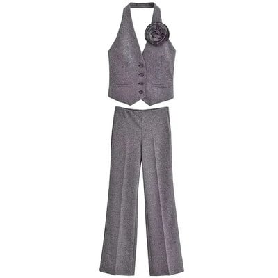 TRAF 2024 m. pavasario moterų mados 3 dalių rinkiniai, vientisas pilkas švarkas su kaklo kostiumo liemene + moteriškos biuro kelnės plačiomis kojomis