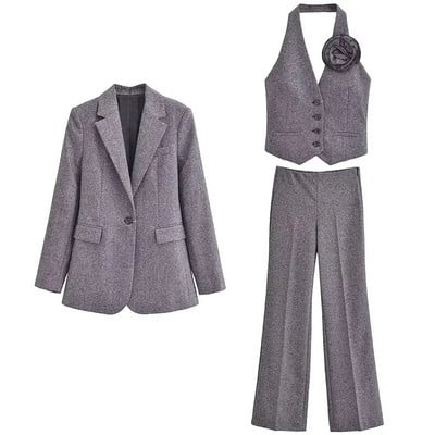 TRAF 2024 m. pavasario moterų mados 3 dalių rinkiniai, vientisas pilkas švarkas su kaklo kostiumo liemene + moteriškos biuro kelnės plačiomis kojomis