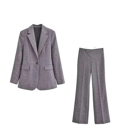 TRAF 2024 m. pavasario moterų mados 3 dalių rinkiniai, vientisas pilkas švarkas su kaklo kostiumo liemene + moteriškos biuro kelnės plačiomis kojomis
