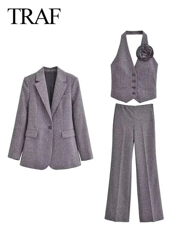 TRAF 2024 m. pavasario moterų mados 3 dalių rinkiniai, vientisas pilkas švarkas su kaklo kostiumo liemene + moteriškos biuro kelnės plačiomis kojomis