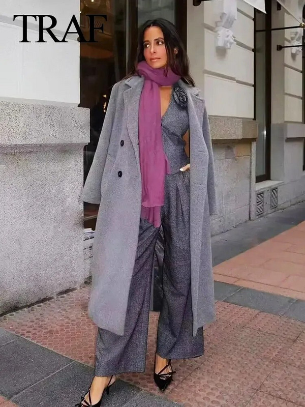 TRAF 2024 m. pavasario moterų mados 3 dalių rinkiniai, vientisas pilkas švarkas su kaklo kostiumo liemene + moteriškos biuro kelnės plačiomis kojomis