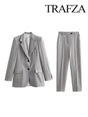 TRAFZA 2023 Modni jesenski ženski kaput Sivi kaput dugih rukava Blazer Jakna na preklop Ženska odjeća Novi elegantni komplet sakoa