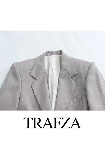 TRAFZA 2023 Μόδα Φθινοπωρινό Γυναικείο Πανωφόρι Γκρι μακρυμάνικο Παλτό Blazer Σακάκι πέτο Γυναικεία Ρούχα Νέο κομψό σετ μπλέιζερ