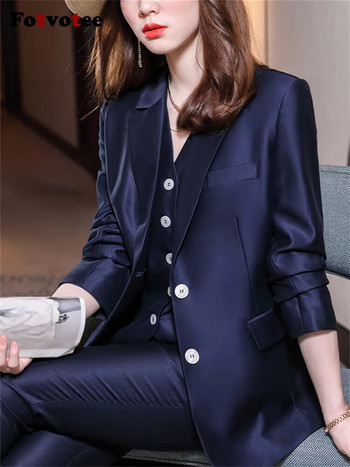 Fotvotee Fashion Prink Σετ 3 τεμαχίων Φθινόπωρο Χειμώνας 2023 Κορεατικό μακρυμάνικο σακάκι γραφείου και κοστούμια γιλέκο casual παντελόνι