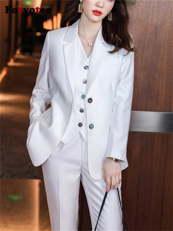 Fotvotee Fashion Prink Σετ 3 τεμαχίων Φθινόπωρο Χειμώνας 2023 Κορεατικό μακρυμάνικο σακάκι γραφείου και κοστούμια γιλέκο casual παντελόνι