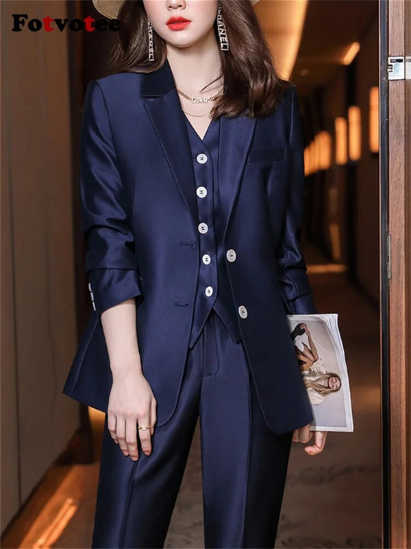 Fotvotee Fashion Prink 3-dijelni komplet jesen zima 2023. Korejski uredski sako sako dugih rukava i odijela, prsluk, ležerne hlače