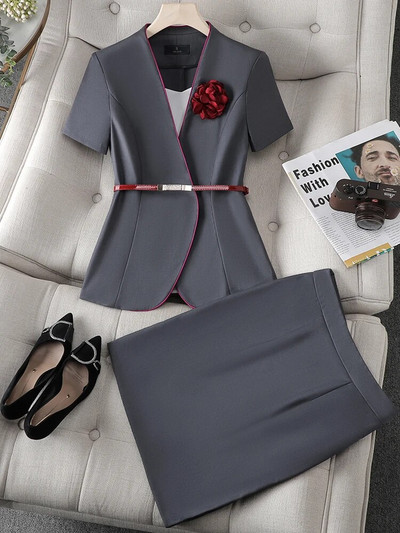 Yitimuceng Elegantna uredska ženska odijela s hlačama Ženski modni uski sako kratkih rukava s V izrezom, dvodijelni komplet ležernih hlača visokog struka