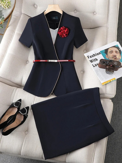 Yitimuceng Elegantna uredska ženska odijela s hlačama Ženski modni uski sako kratkih rukava s V izrezom, dvodijelni komplet ležernih hlača visokog struka