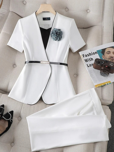 Yitimuceng Elegantna uredska ženska odijela s hlačama Ženski modni uski sako kratkih rukava s V izrezom, dvodijelni komplet ležernih hlača visokog struka