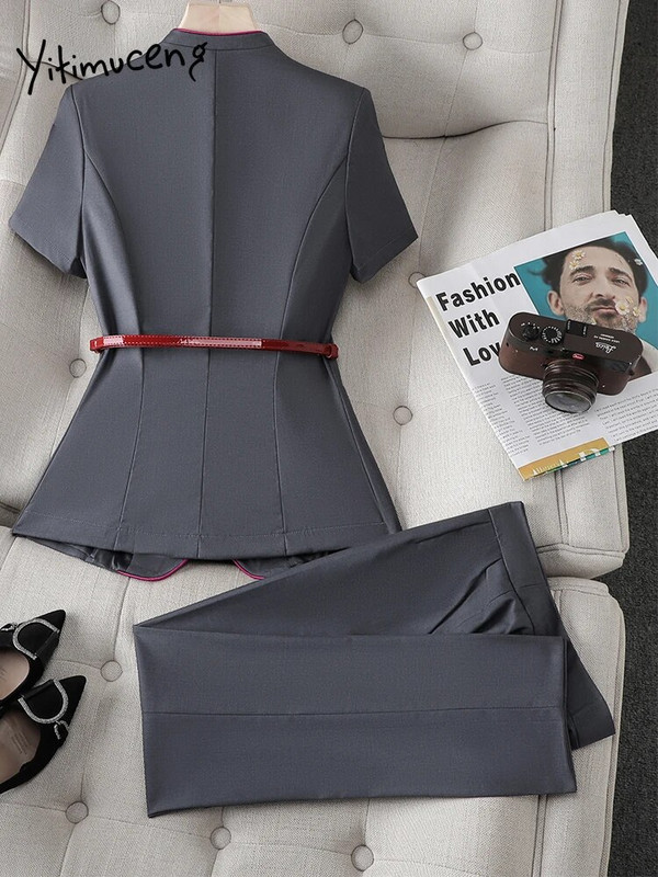 Yitimuceng Elegantna uredska ženska odijela s hlačama Ženski modni uski sako kratkih rukava s V izrezom, dvodijelni komplet ležernih hlača visokog struka