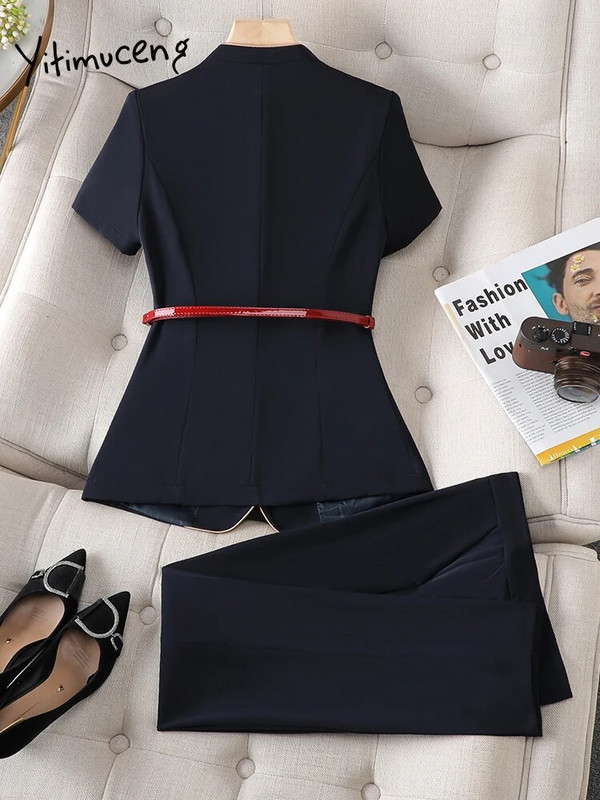 Yitimuceng Elegantna uredska ženska odijela s hlačama Ženski modni uski sako kratkih rukava s V izrezom, dvodijelni komplet ležernih hlača visokog struka