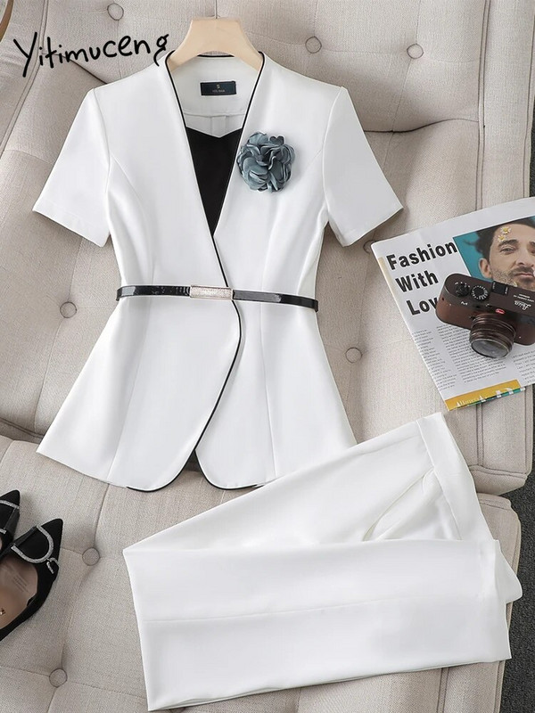 Yitimuceng Elegantna uredska ženska odijela s hlačama Ženski modni uski sako kratkih rukava s V izrezom, dvodijelni komplet ležernih hlača visokog struka