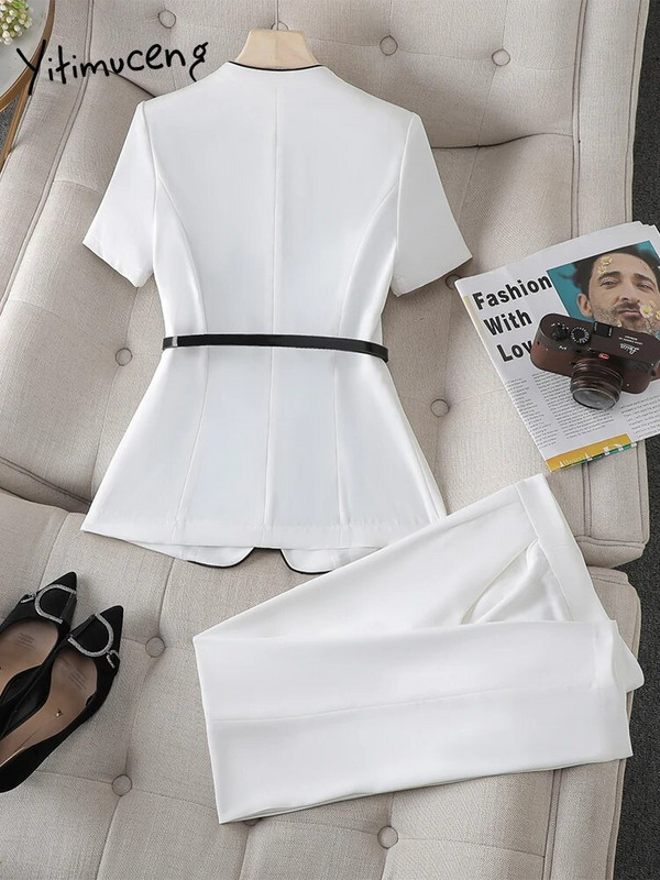 Yitimuceng Elegantna uredska ženska odijela s hlačama Ženski modni uski sako kratkih rukava s V izrezom, dvodijelni komplet ležernih hlača visokog struka