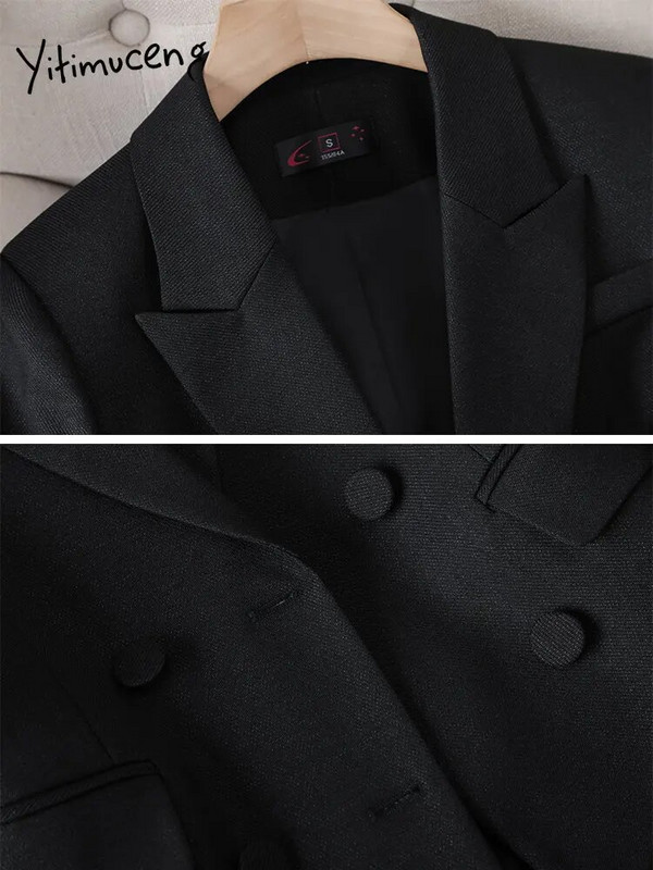 Yitimuceng Γυναικεία ρούχα γραφείου σετ 2 τεμαχίων Μασίφ μακρυμάνικο διπλό στήθος Slim blazer Ψηλόμεση κοστούμια casual ίσια παντελόνια