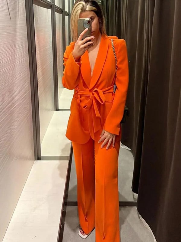 Ženski modni jednobojni sako na vezanje, šik odijela s V izrezom i visokim strukom, punih rukava, elegantan uredski ženski set s temperamentom za putovanje na posao