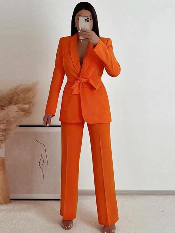 Ženski modni jednobojni sako na vezanje, šik odijela s V izrezom i visokim strukom, punih rukava, elegantan uredski ženski set s temperamentom za putovanje na posao