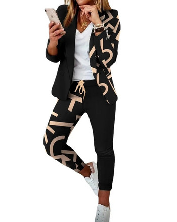 Елегантен дамски комплект с карирани щампи с букви и блейзър с дълъг ръкав, костюм, офис дамски анцуг, комплект от две части