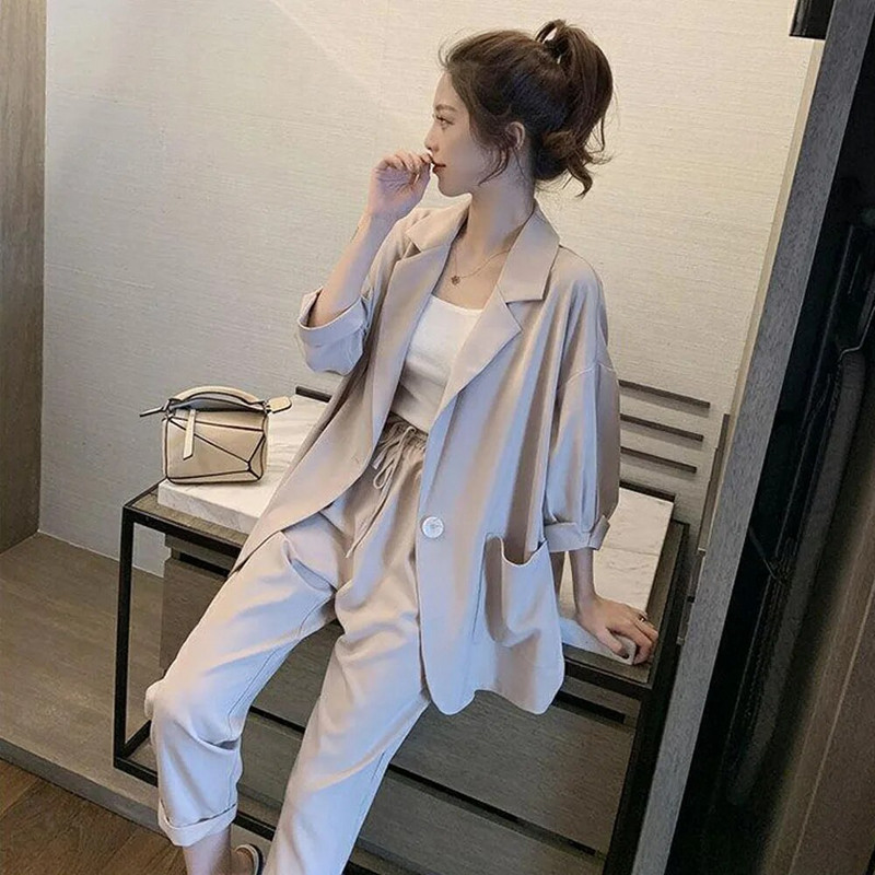 Dvodijelni set velike veličine, elegantno uredsko odijelo za dame, uske duge hlače, jakna, jakna, gornje odijelo, ležerni ženski set za putovanje na posao, posao na vjetar