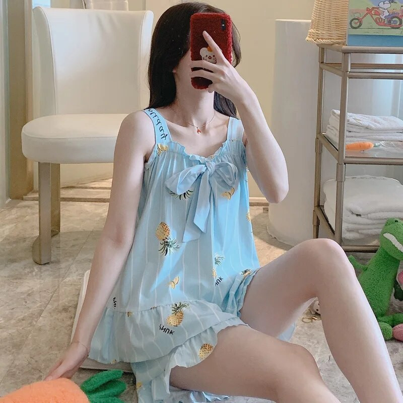 Moteriški pižamos rinkiniai Pavasaris Vasara be rankovių, ploni animacinių filmų spaudiniai Mieli mieguokliai Sling Namų drabužiai Laisvalaikis Pižamos kostiumas