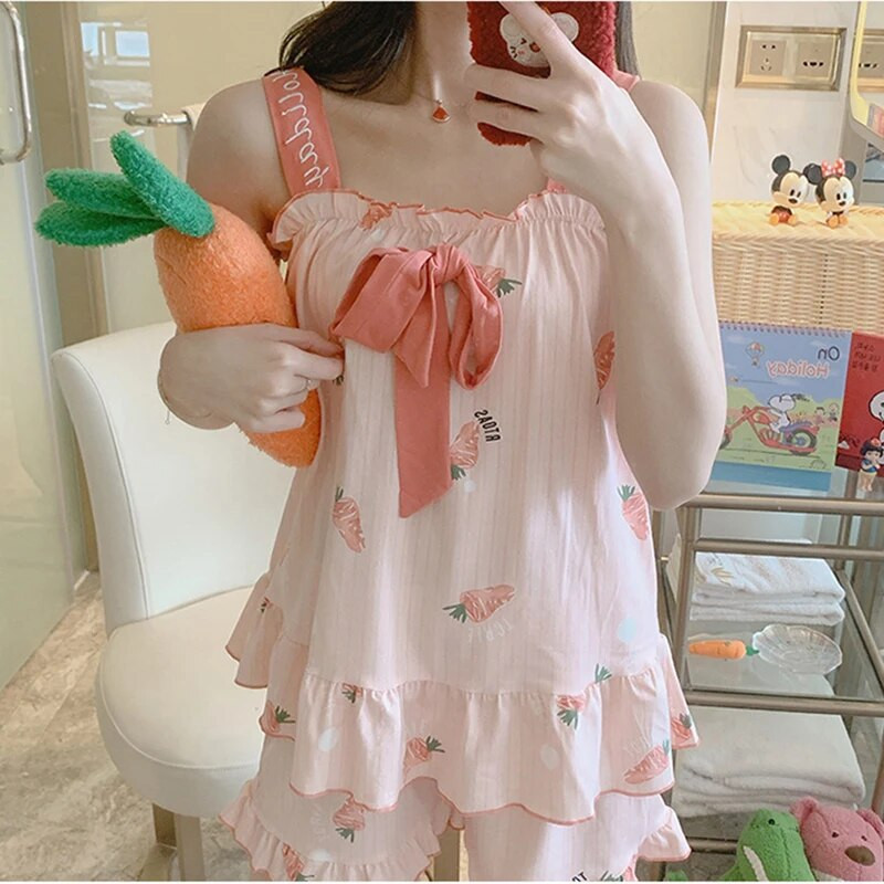 Moteriški pižamos rinkiniai Pavasaris Vasara be rankovių, ploni animacinių filmų spaudiniai Mieli mieguokliai Sling Namų drabužiai Laisvalaikis Pižamos kostiumas