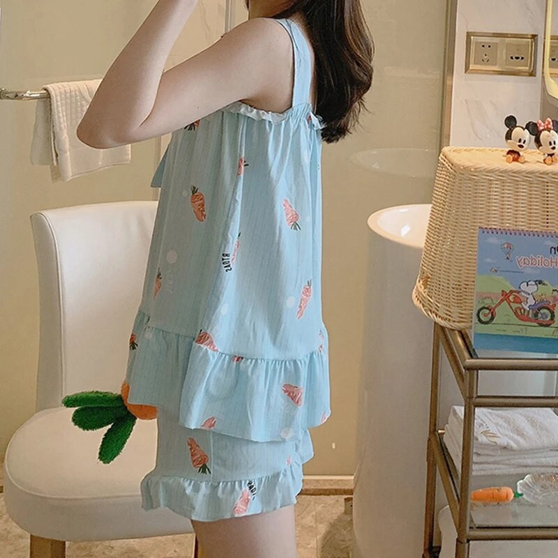 Moteriški pižamos rinkiniai Pavasaris Vasara be rankovių, ploni animacinių filmų spaudiniai Mieli mieguokliai Sling Namų drabužiai Laisvalaikis Pižamos kostiumas