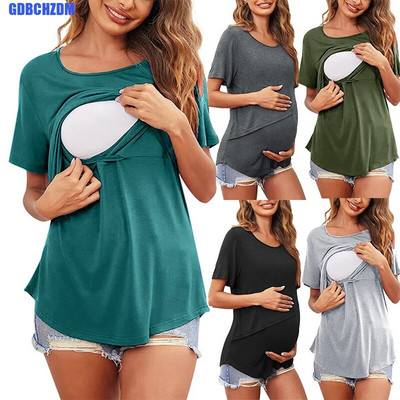 Нови дрехи за бременни Дамска тениска с кръгло деколте с къс ръкав, плътен цвят, асиметрични капаци, Ежедневна тениска за кърмене