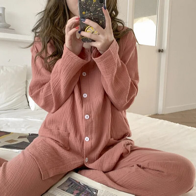 Пижама за бременни с дълъг ръкав Костюм за кърмене Удобен голям размер Свободна пижама Панталон с регулируема талия Домашно обслужване